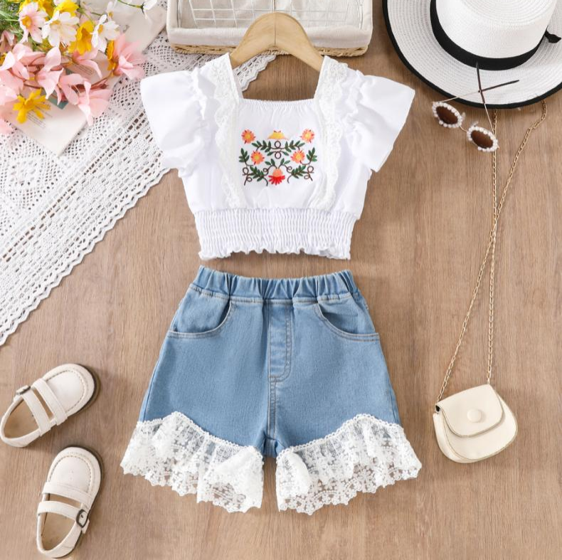 Sweet Meadow Embroidered Denim Short Set